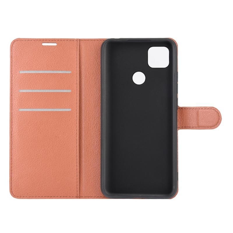 Litchi PU bőr pénztárca tok Xiaomi Redmi 9C-hez - barna