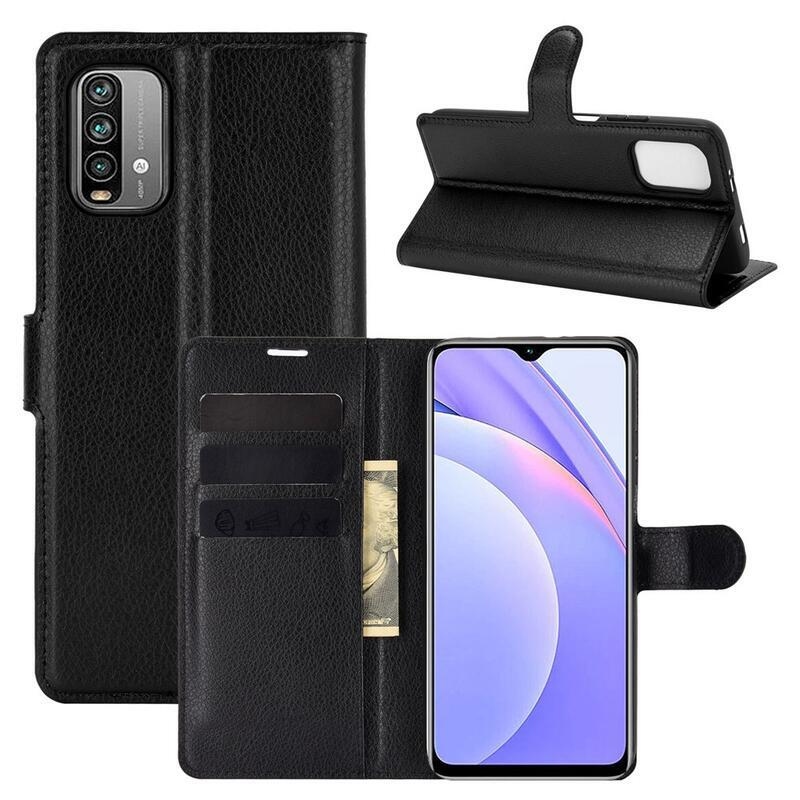 Litchi PU bőr pénztárca tok Xiaomi Redmi 9T/Poco M3-hoz - fekete