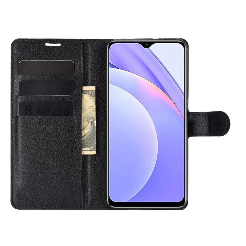 Litchi PU bőr pénztárca tok Xiaomi Redmi 9T/Poco M3-hoz - fekete