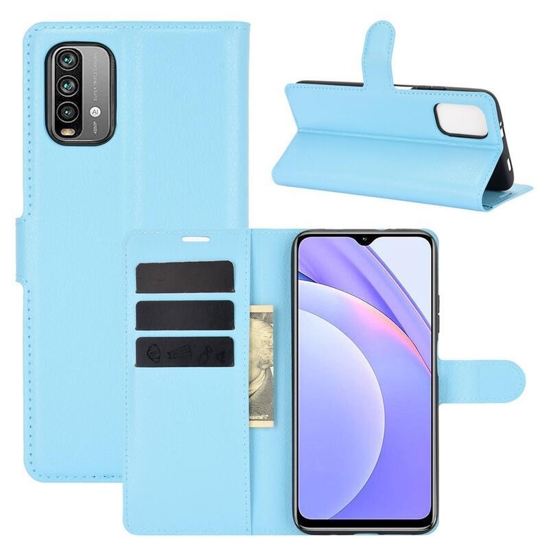 Litchi PU bőr pénztárca tok Xiaomi Redmi 9T/Poco M3-hoz - kék
