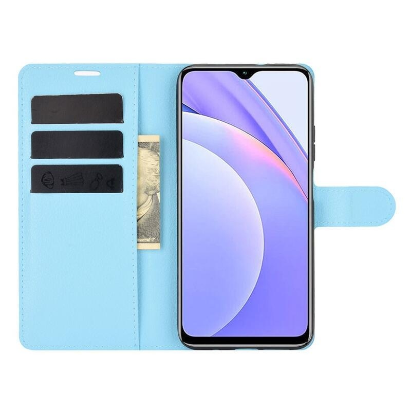 Litchi PU bőr pénztárca tok Xiaomi Redmi 9T/Poco M3-hoz - kék