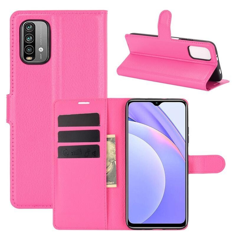 Litchi PU bőr pénztárca tok Xiaomi Redmi 9T/Poco M3 - rózsaszínű