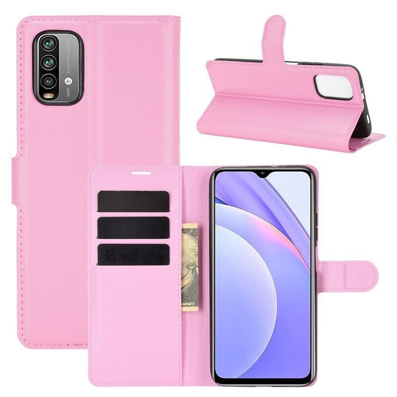Litchi PU bőr pénztárca tok Xiaomi Redmi 9T/Poco M3-hoz - rózsaszínű