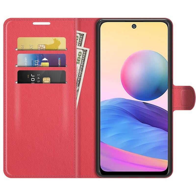 Litchi PU bőr pénztárca tok Xiaomi Redmi Note 10 5G/Poco M3 Pro 4G/5G - piros