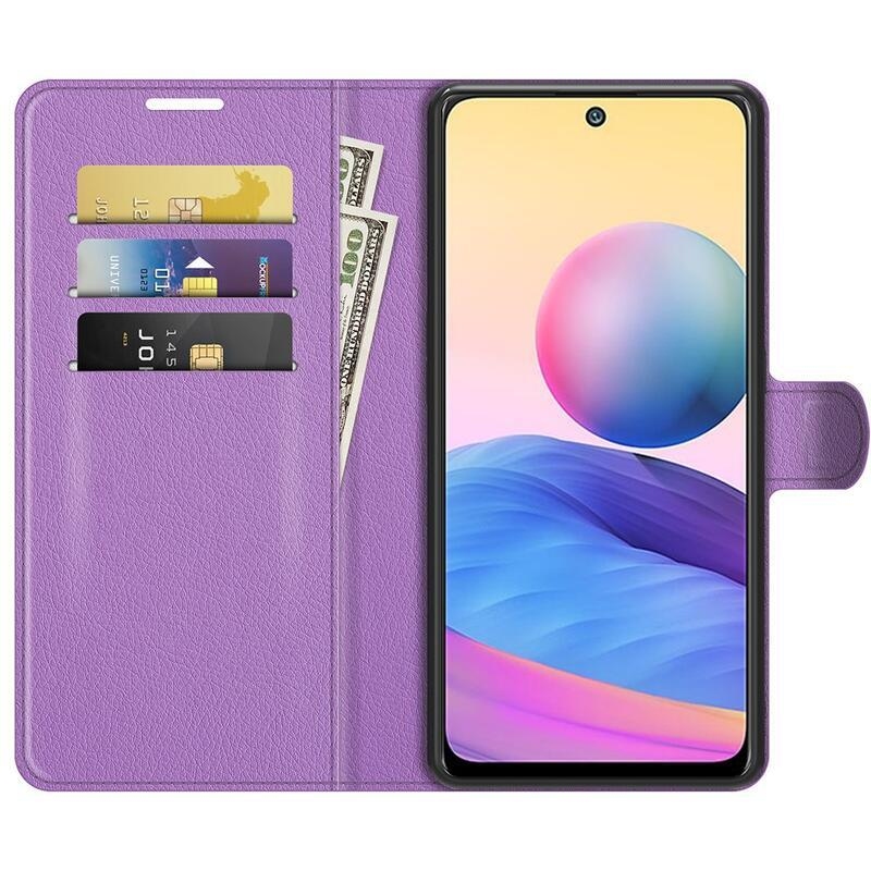 Litchi PU bőr pénztárca tok Xiaomi Redmi Note 10 5G/Poco M3 Pro 4G/5G - lila