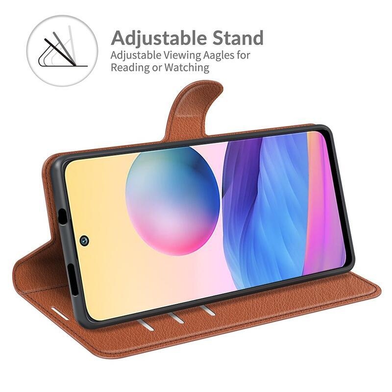 Litchi PU bőr pénztárca tok Xiaomi Redmi Note 10 5G/Poco M3 Pro 4G/5G - barna