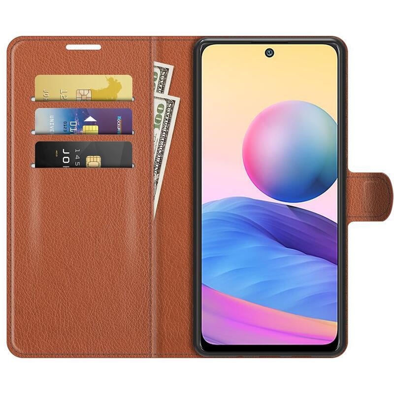 Litchi PU bőr pénztárca tok Xiaomi Redmi Note 10 5G/Poco M3 Pro 4G/5G - barna