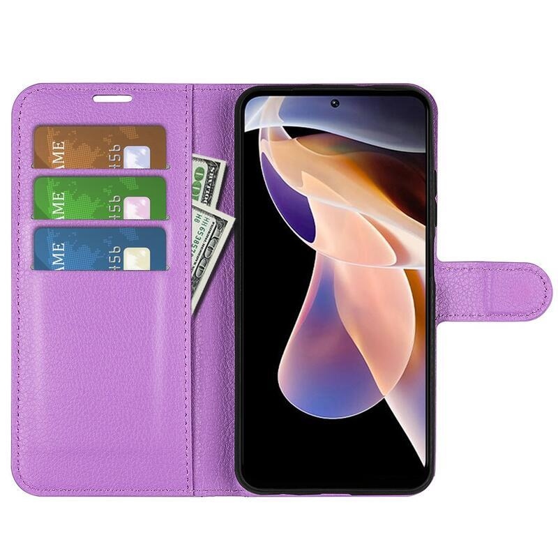 Litchi PU bőr pénztárca tok Xiaomi Redmi Note 11 Pro+ 5G - lila