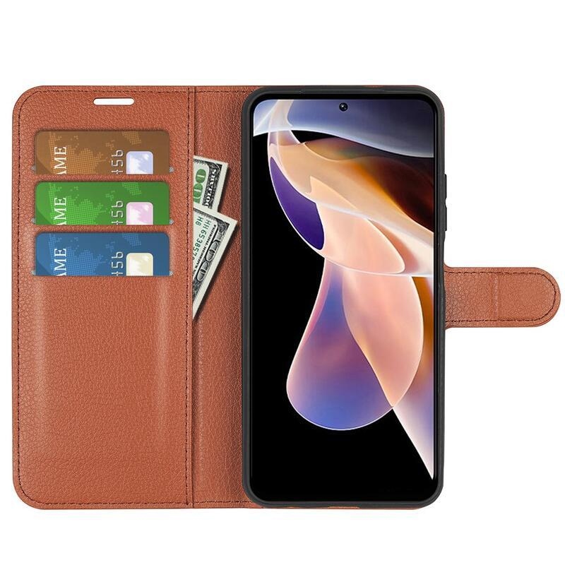 Litchi PU bőr pénztárca tok Xiaomi Redmi Note 11 Pro+ 5G - barna