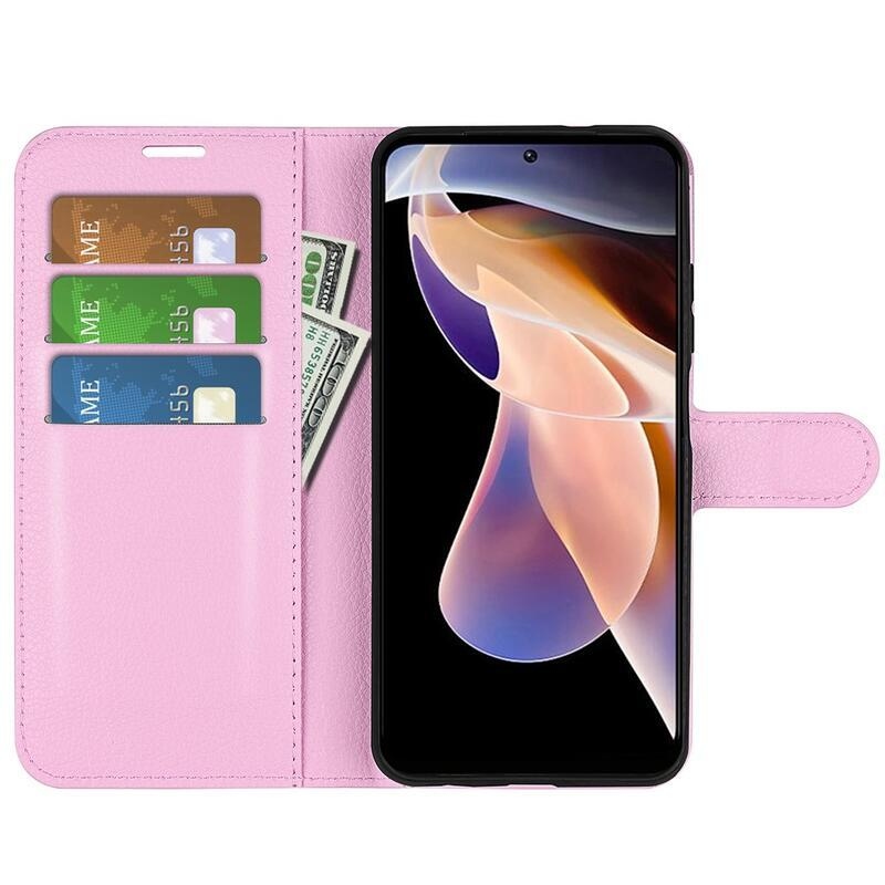 Litchi PU bőr pénztárca tok Xiaomi Redmi Note 11 Pro+ 5G - rózsaszínű