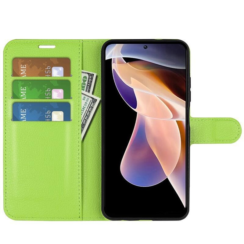 Litchi PU bőr pénztárca tok Xiaomi Redmi Note 11 Pro+ 5G - zöld