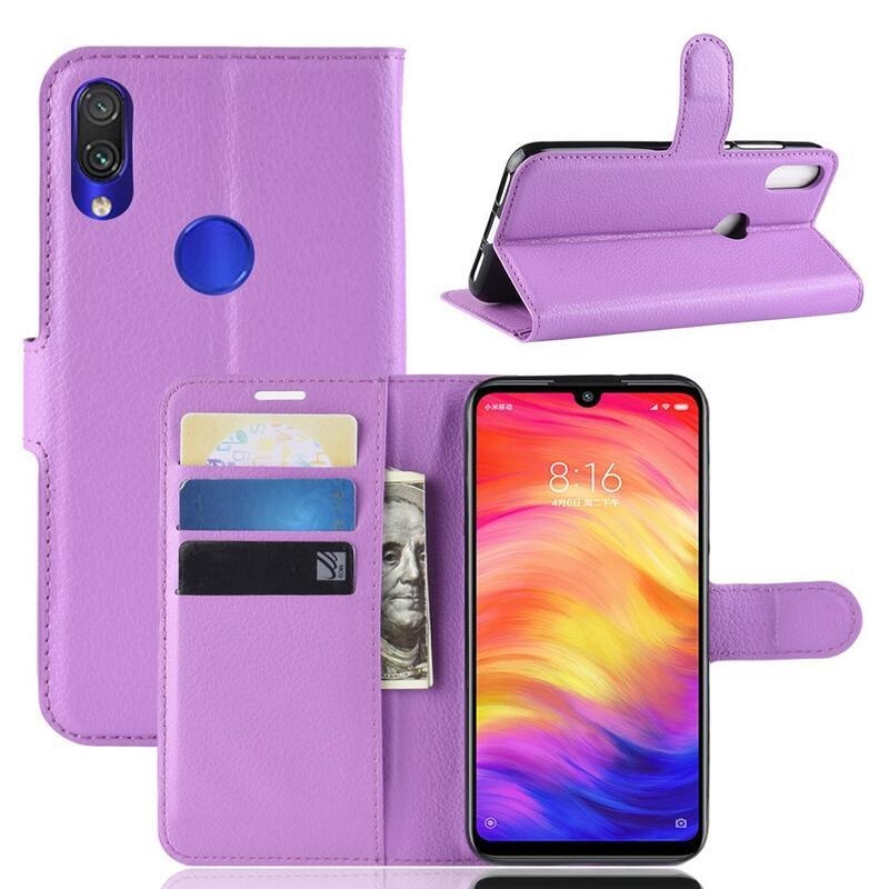 Litchi PU bőr pénztárca tok Xiaomi Redmi Note 7-hez - lila