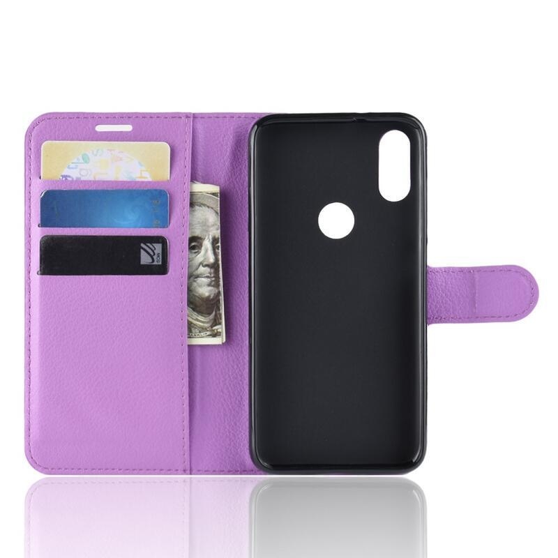 Litchi PU bőr pénztárca tok Xiaomi Redmi Note 7-hez - lila