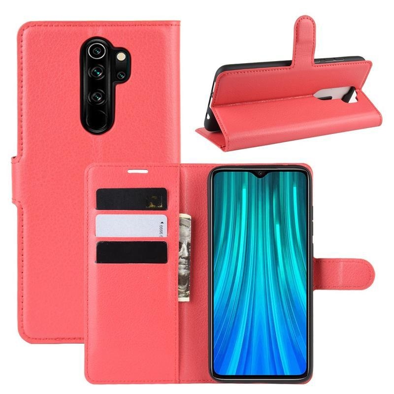 Litchi PU bőr pénztárca tok Xiaomi Redmi Note 8 Pro-hoz - piros