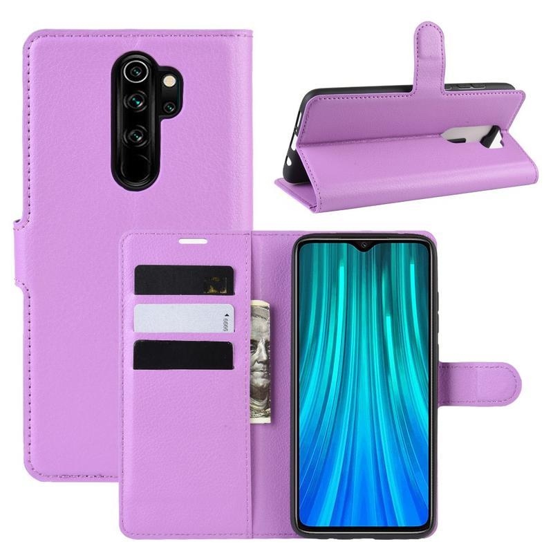 Litchi PU bőr pénztárca tok Xiaomi Redmi Note 8 Pro-hoz - lila