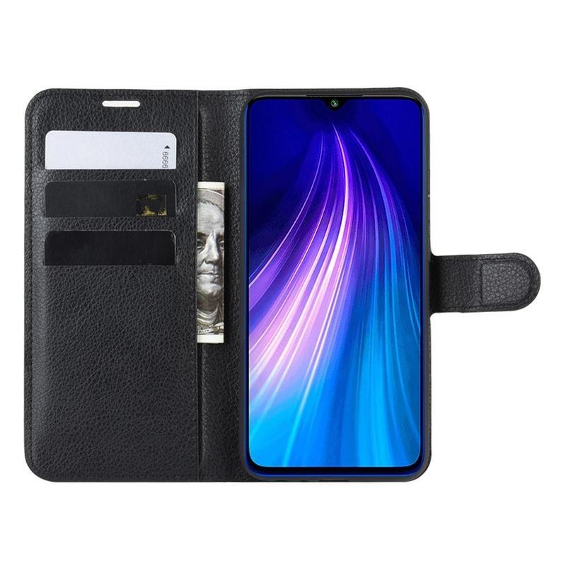 Litchi PU bőr pénztárca tok a Xiaomi Redmi Note 8T-hez - fekete