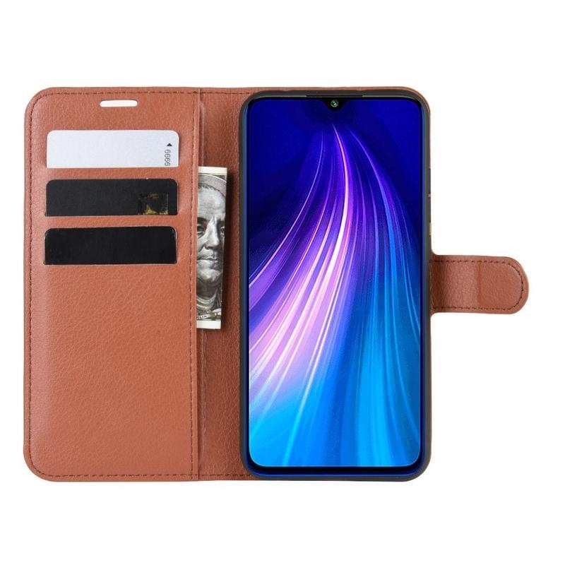 Litchi PU bőr pénztárca tok Xiaomi Redmi Note 8T-hez - barna