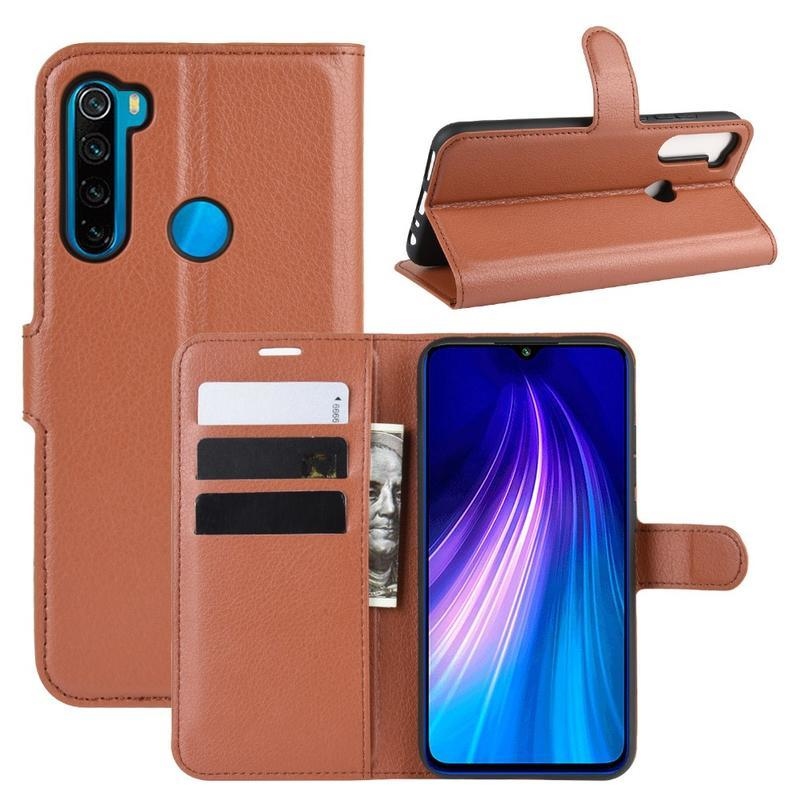 Litchi PU bőr pénztárca tok Xiaomi Redmi Note 8T-hez - barna