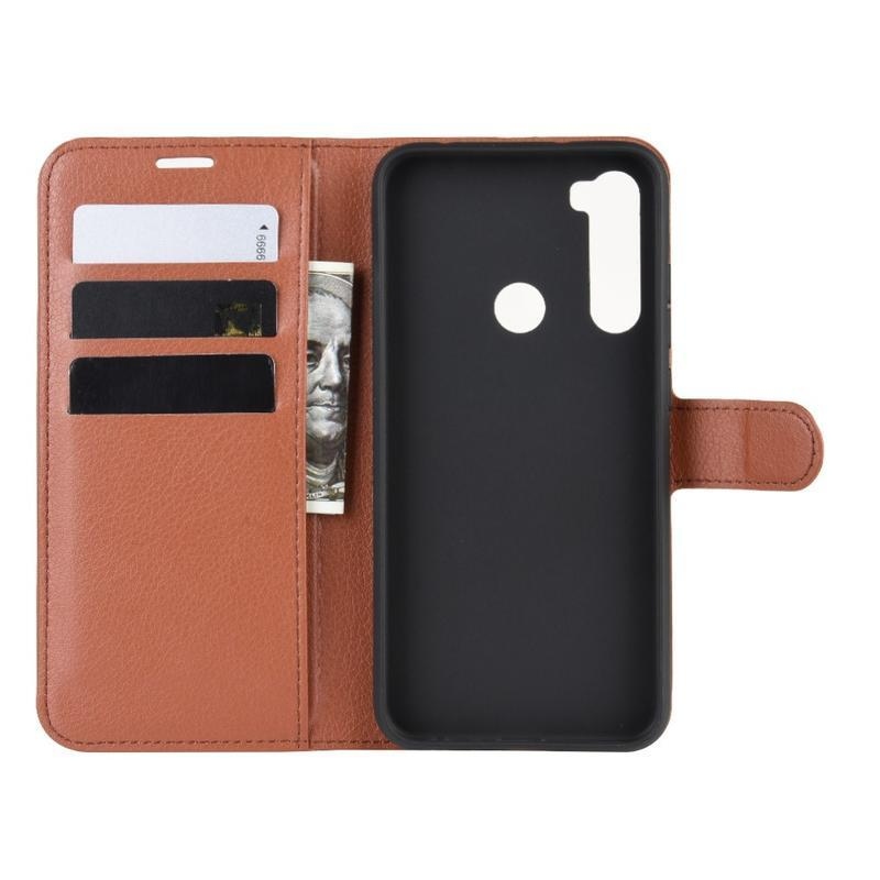 Litchi PU bőr pénztárca tok Xiaomi Redmi Note 8T-hez - barna