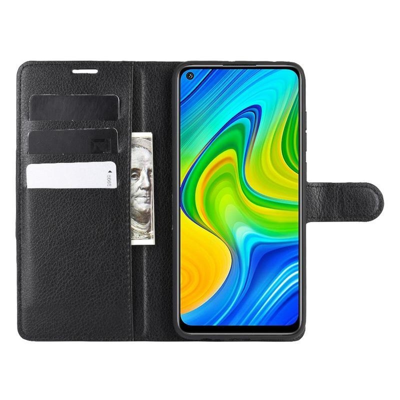 Litchi PU bőr pénztárca tok a Xiaomi Redmi Note 9-hez - fekete