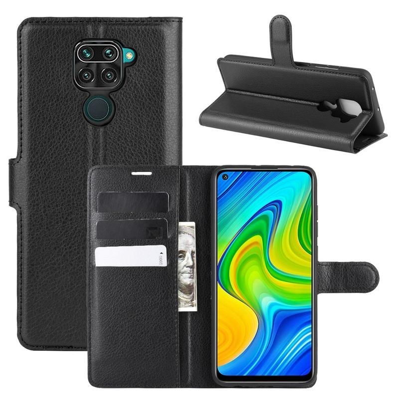 Litchi PU bőr pénztárca tok a Xiaomi Redmi Note 9-hez - fekete