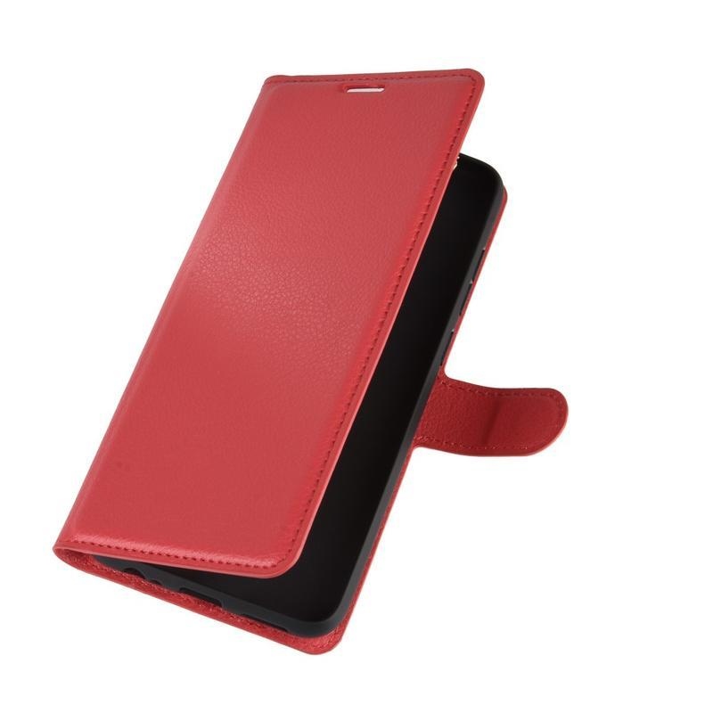 Litchi PU bőr pénztárca tok a Xiaomi Redmi Note 9-hez - piros