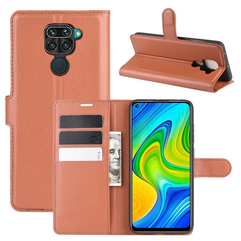 Litchi PU bőr pénztárca tok Xiaomi Redmi Note 9-hez - barna