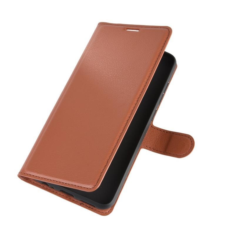Litchi PU bőr pénztárca tok Xiaomi Redmi Note 9-hez - barna