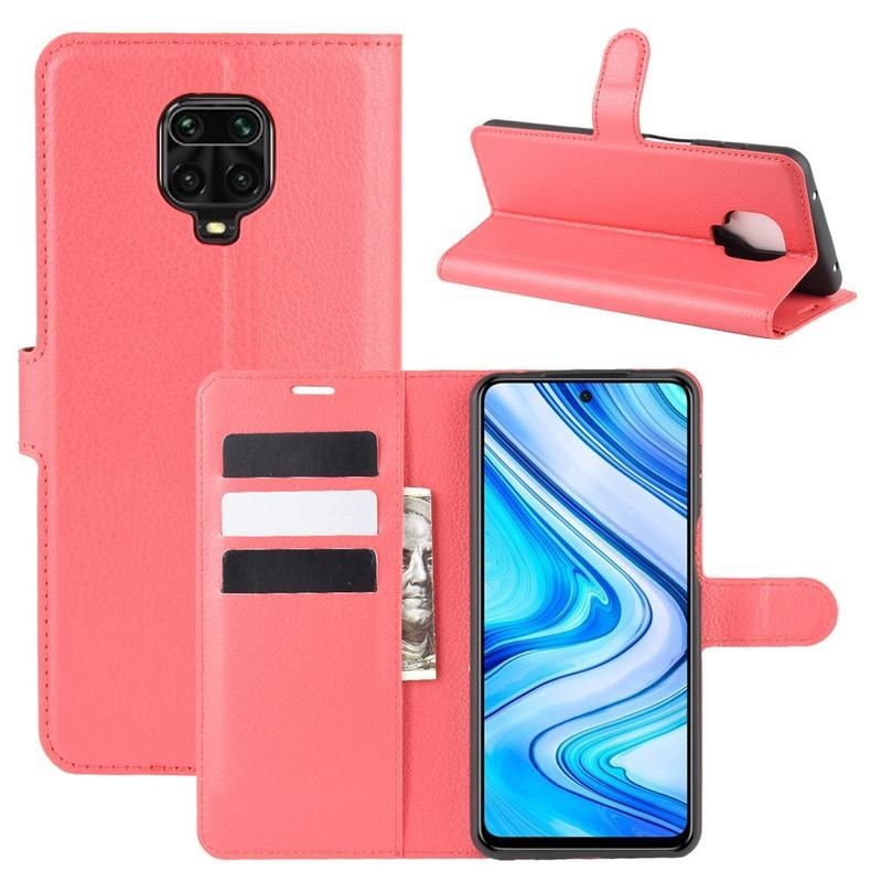 Litchi PU bőr pénztárca tok Xiaomi Redmi Note 9 Pro/Note 9S - piros