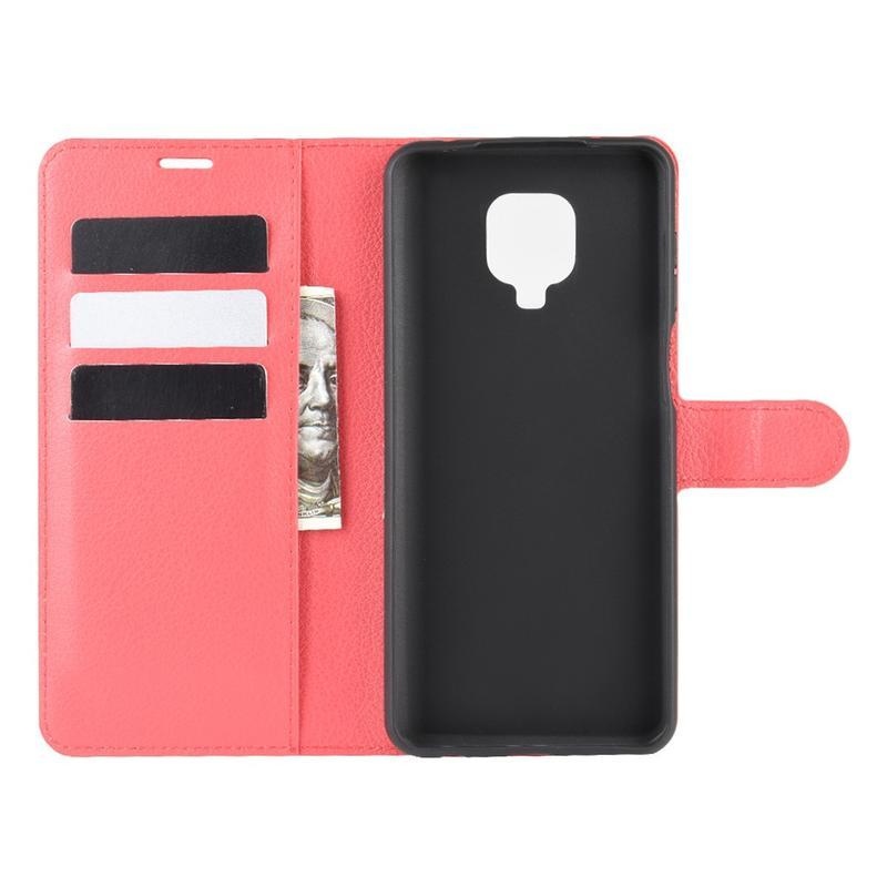 Litchi PU bőr pénztárca tok Xiaomi Redmi Note 9 Pro/Note 9S - piros