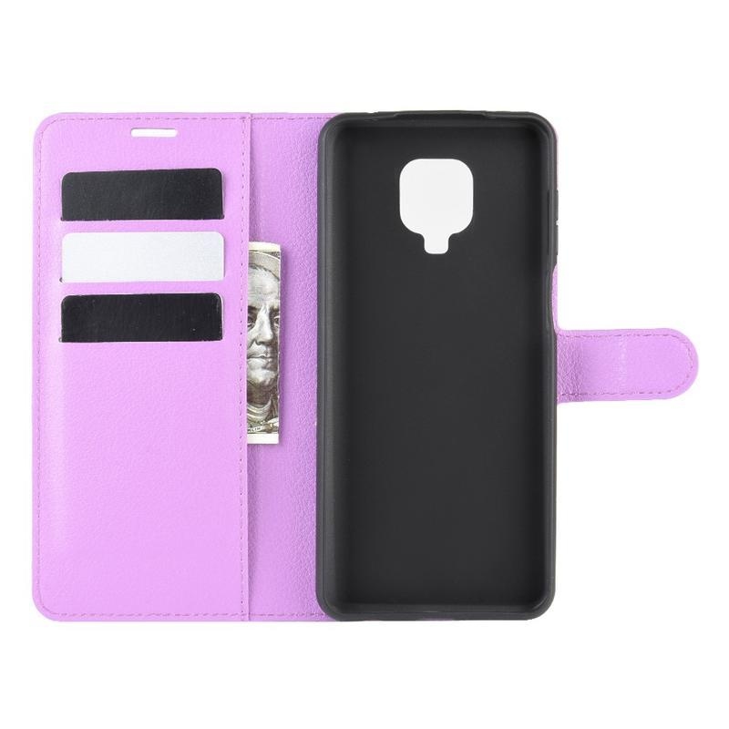 Litchi PU bőr pénztárca tok Xiaomi Redmi Note 9 Pro/Note 9S - lila