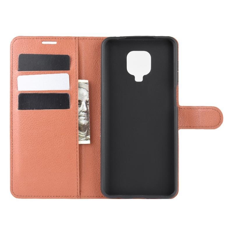 Litchi PU bőr pénztárca tok Xiaomi Redmi Note 9 Pro/Note 9S - barna