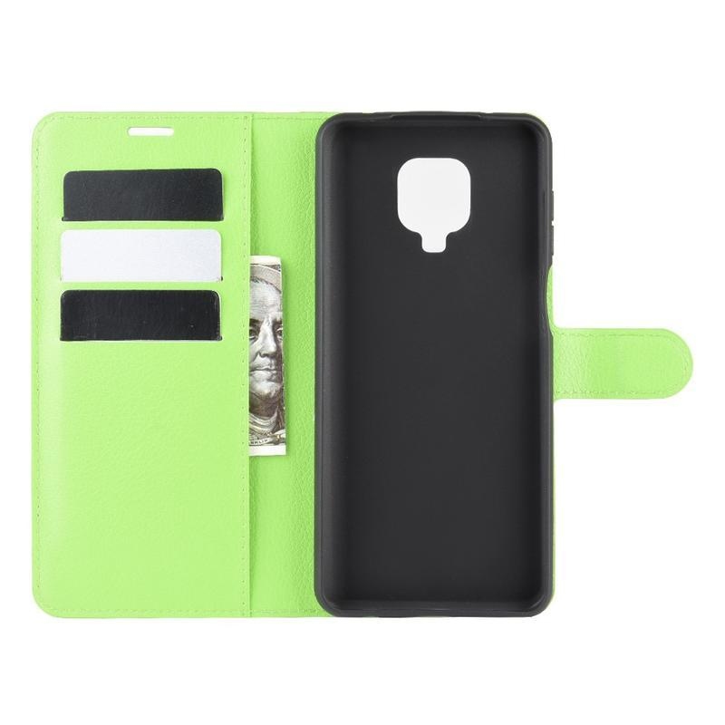 Litchi PU bőr pénztárca tok Xiaomi Redmi Note 9 Pro/Note 9S - zöld