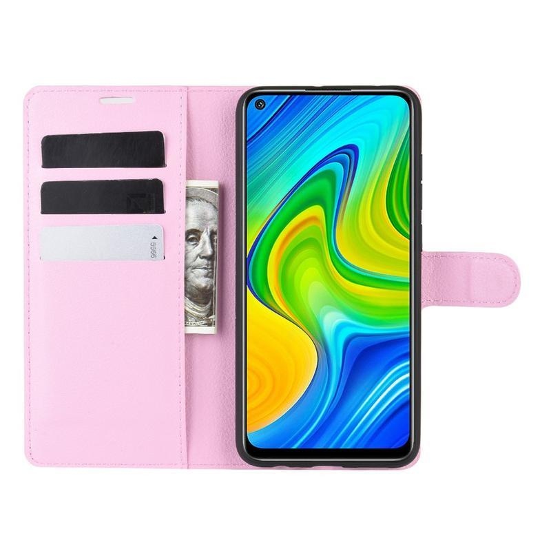 Litchi PU bőr pénztárca tok Xiaomi Redmi Note 9-hez - rózsaszínű