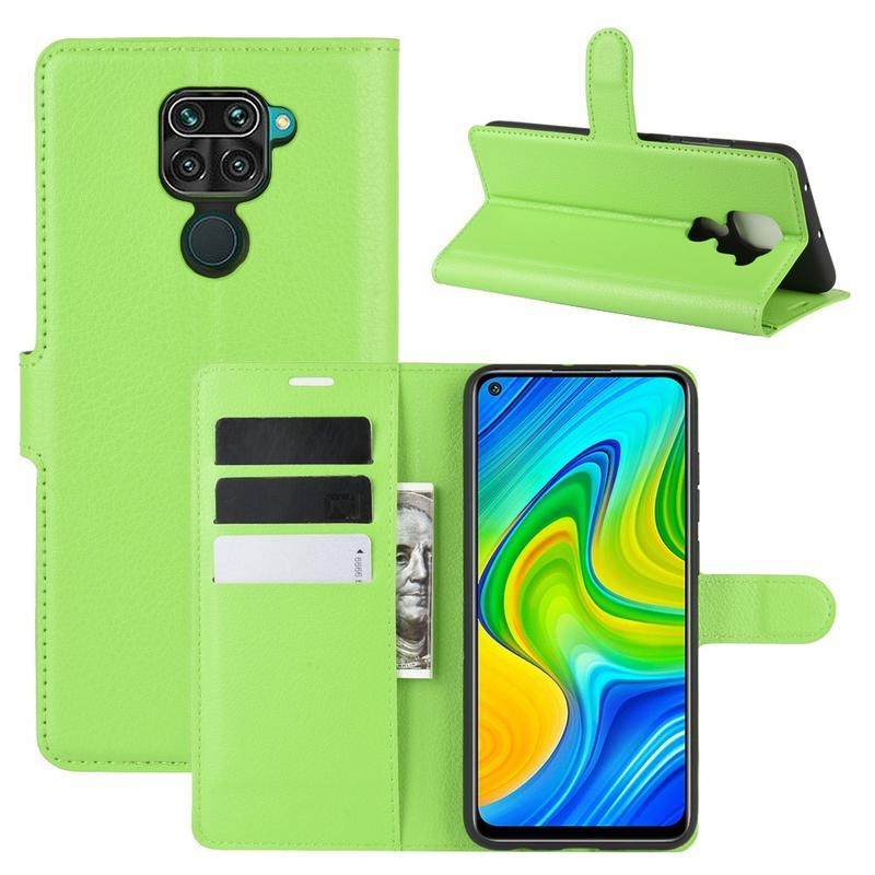 Litchi PU bőr pénztárca tok Xiaomi Redmi Note 9-hez - zöld