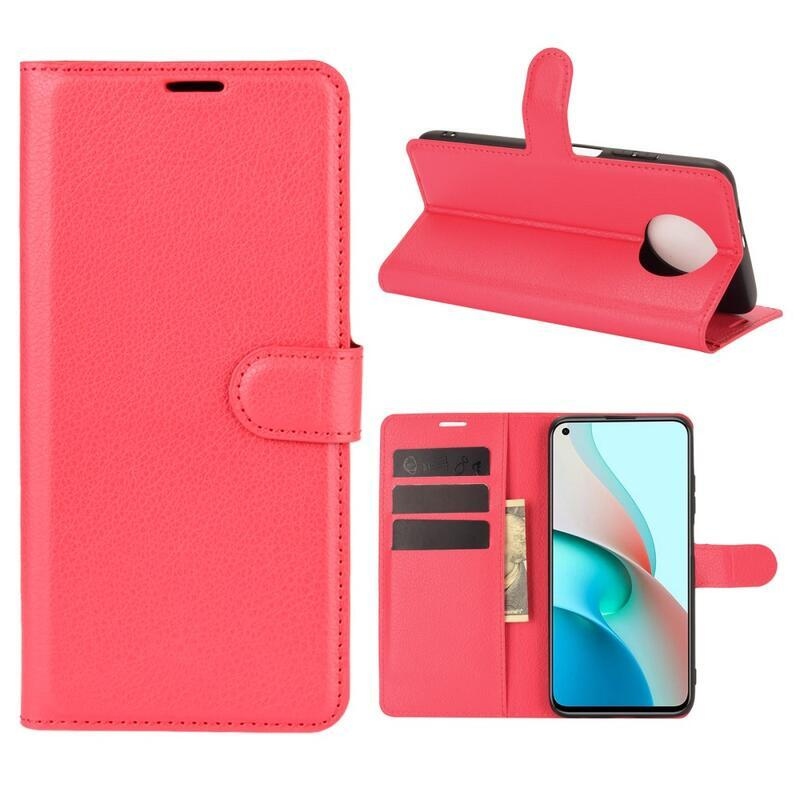 Litchi PU bőr pénztárca tok Xiaomi Redmi Note 9T 5G - piros