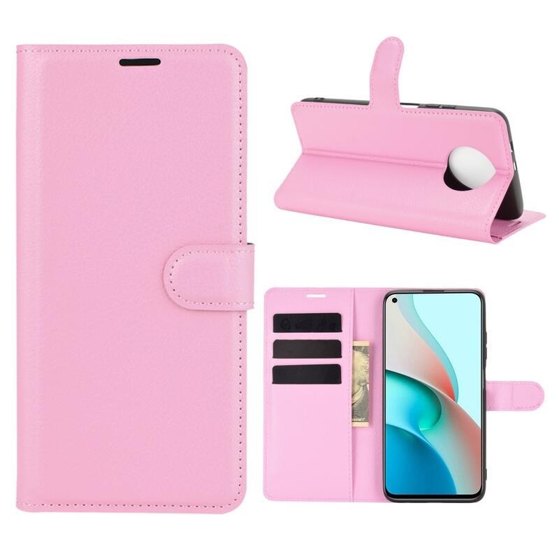 Litchi PU bőr pénztárca tok Xiaomi Redmi Note 9T 5G - rózsaszínű