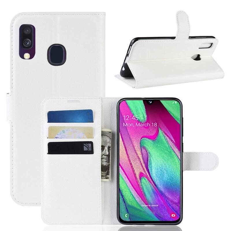 Litchi PU bőr pénztárca tok mobiltelefonhoz Samsung Galaxy A40 - fehér