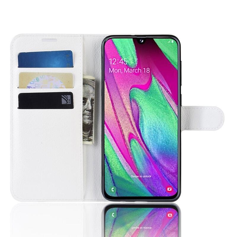Litchi PU bőr pénztárca tok mobiltelefonhoz Samsung Galaxy A40 - fehér