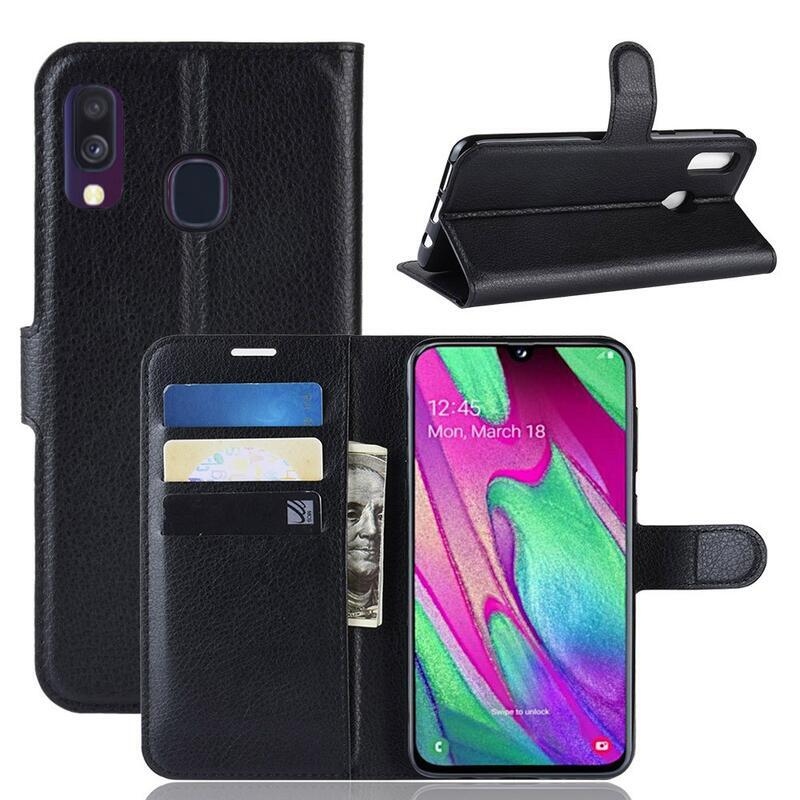 Litchi PU bőr pénztárca tok mobiltelefonra Samsung Galaxy A40 - fekete