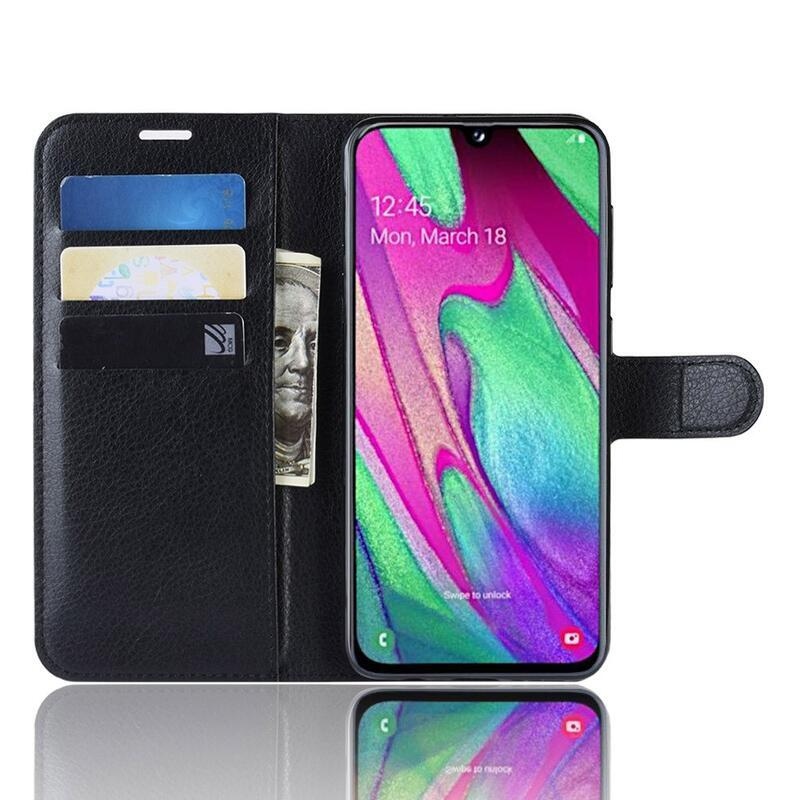 Litchi PU bőr pénztárca tok mobiltelefonra Samsung Galaxy A40 - fekete