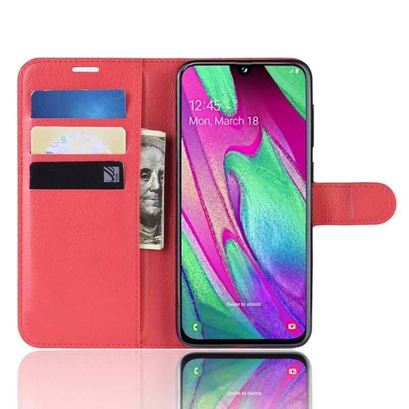 Litchi PU bőr pénztárca tok mobiltelefonhoz Samsung Galaxy A40 - piros