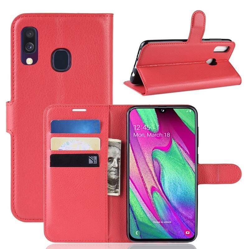 Litchi PU bőr pénztárca tok mobiltelefonhoz Samsung Galaxy A40 - piros