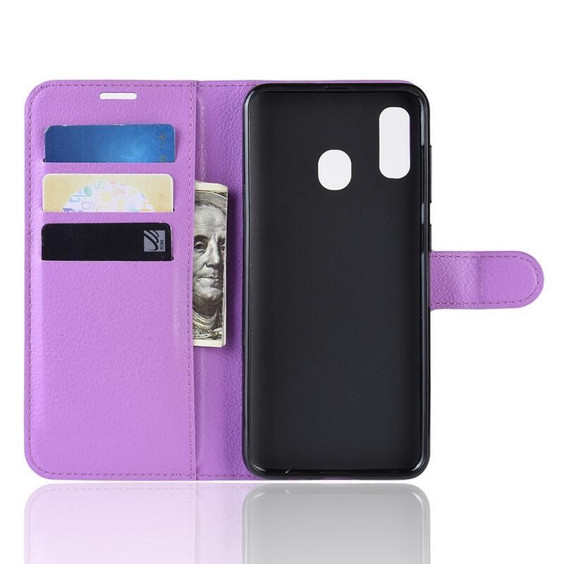 Litchi PU bőr pénztárca tok mobiltelefonhoz Samsung Galaxy A40 - lila