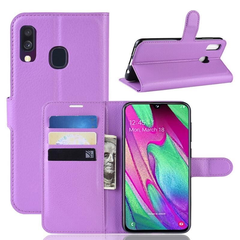 Litchi PU bőr pénztárca tok mobiltelefonhoz Samsung Galaxy A40 - lila