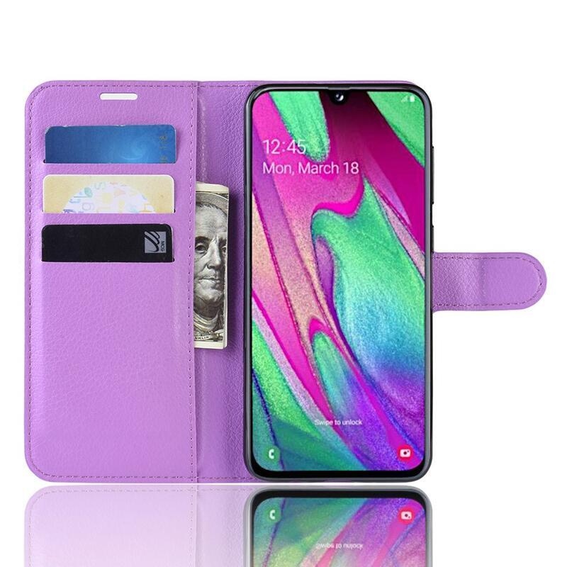 Litchi PU bőr pénztárca tok mobiltelefonhoz Samsung Galaxy A40 - lila