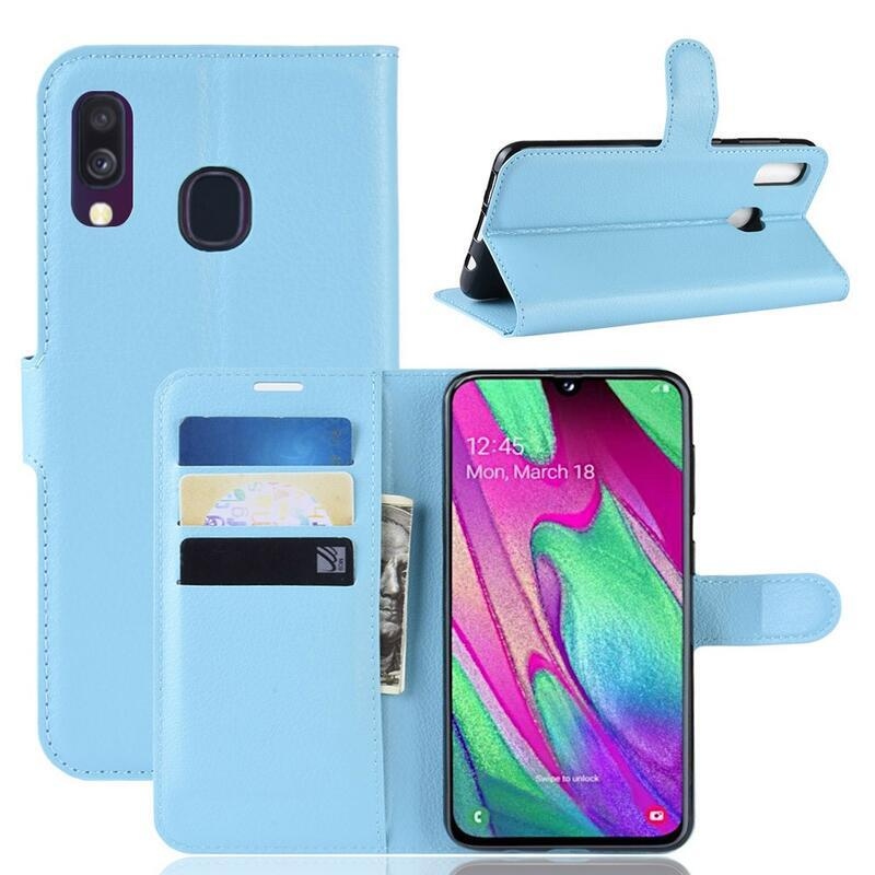 Litchi PU bőr pénztárca tok mobiltelefonhoz Samsung Galaxy A40 - kék