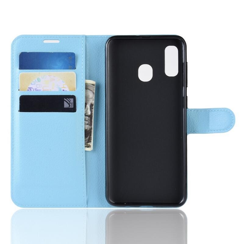 Litchi PU bőr pénztárca tok mobiltelefonhoz Samsung Galaxy A40 - kék