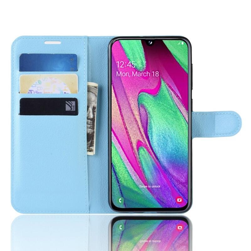 Litchi PU bőr pénztárca tok mobiltelefonhoz Samsung Galaxy A40 - kék