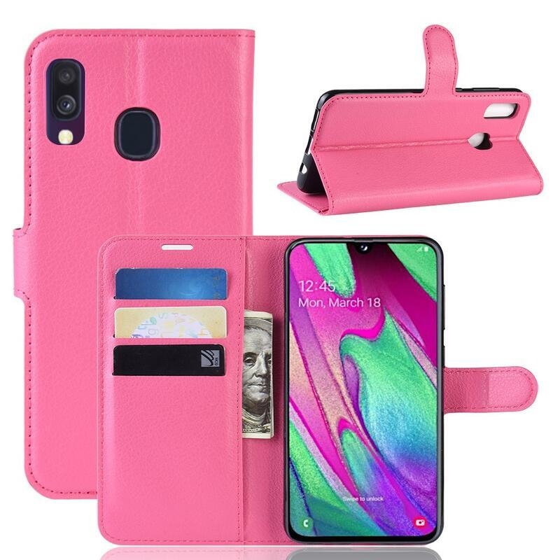 Litchi PU bőr pénztárca tok mobiltelefonhoz Samsung Galaxy A40 - rózsaszínű
